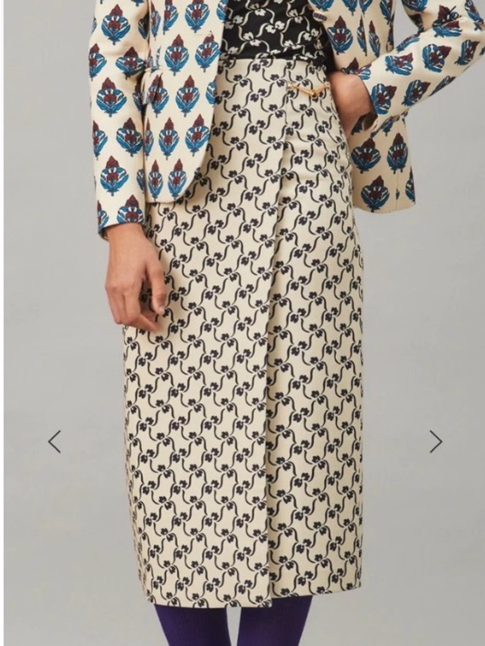 Tory Burch Cream Midi Skirt with Navy stencil Pattern